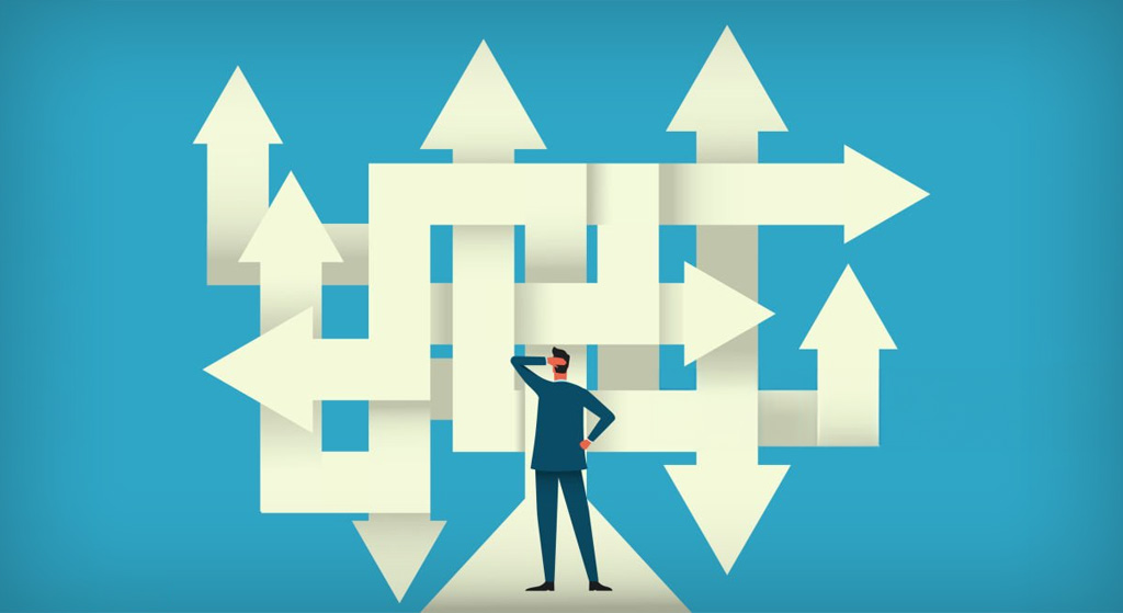 A person surrounded by overlapping arrows pointing in competing directions