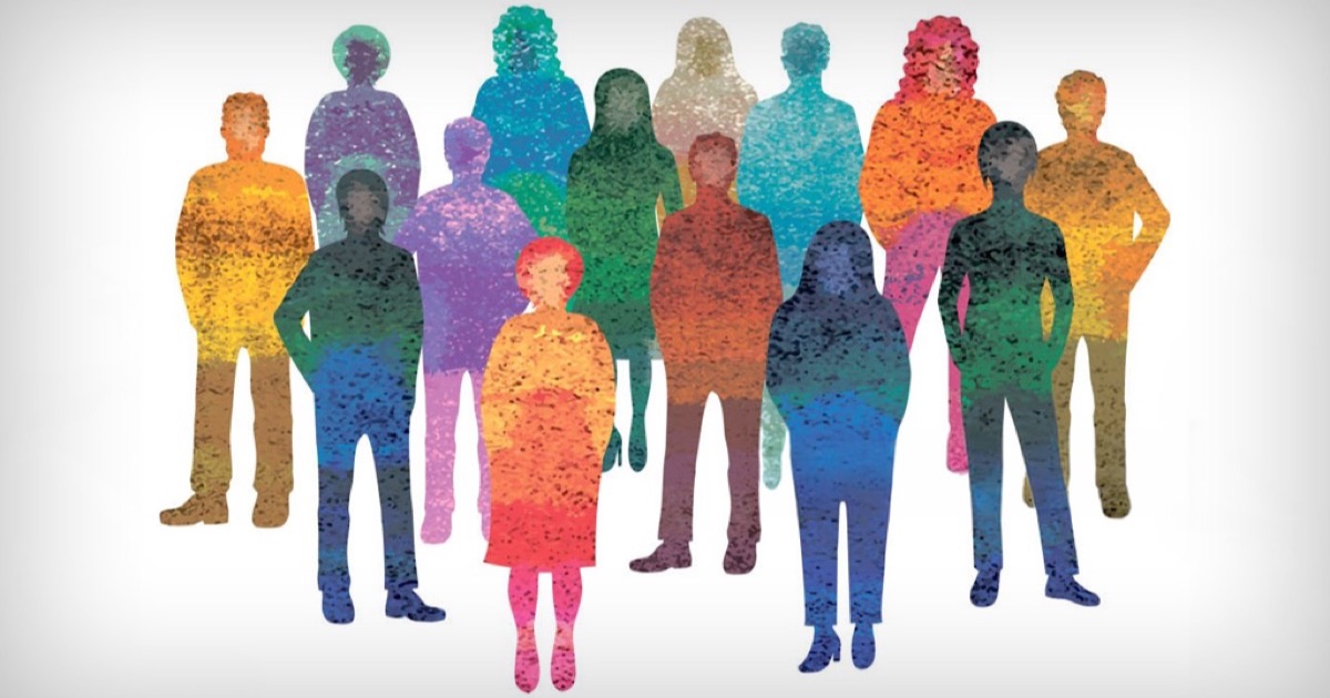 Colorful textured silhouettes of adults and children gathered together