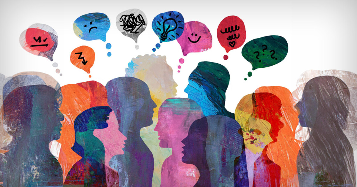 Layered silhouettes of a diverse crowd with colorful thought bubbles expressing different emotions and questions